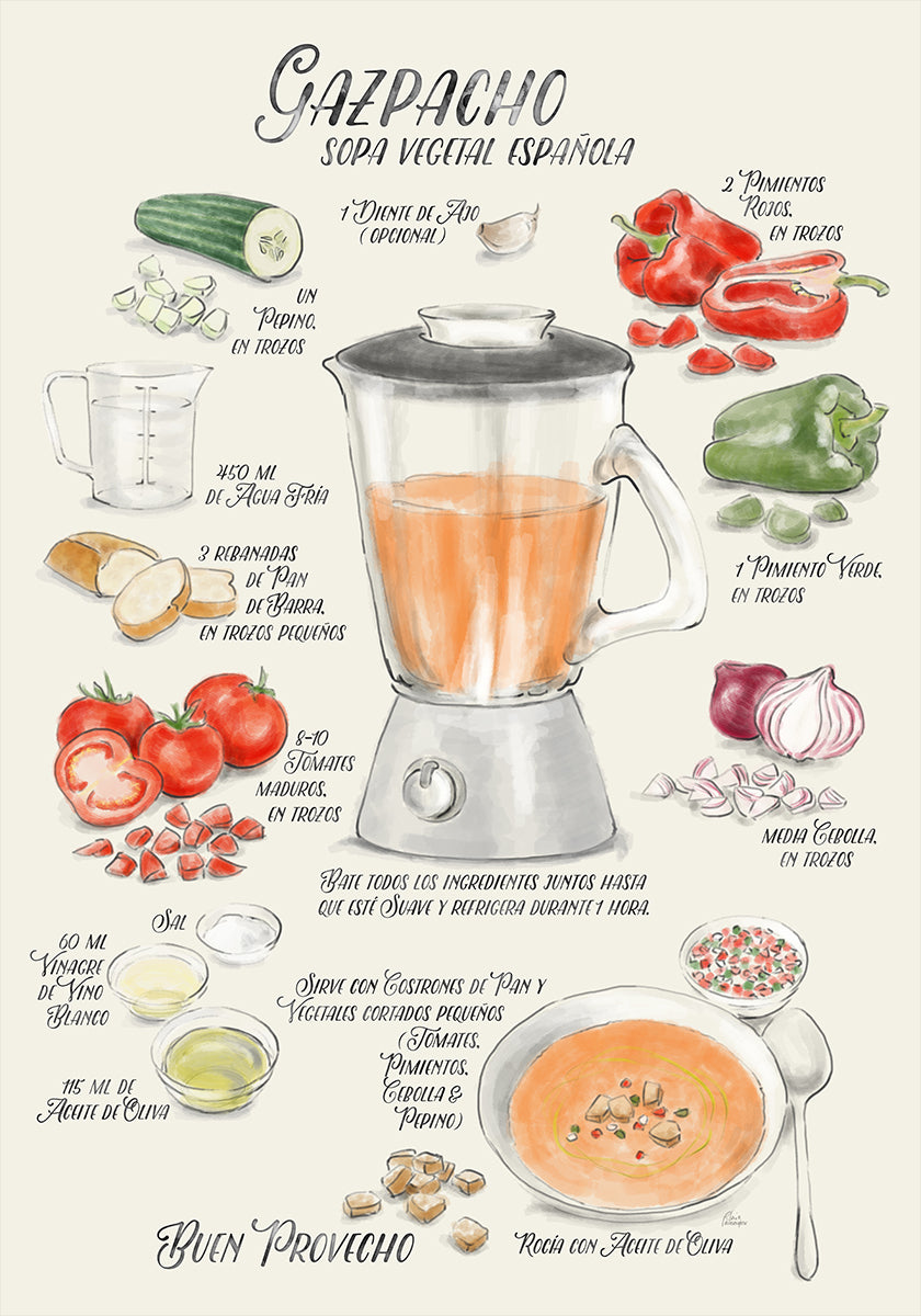 Gazpacho illustrated recipe in Spanish Poster