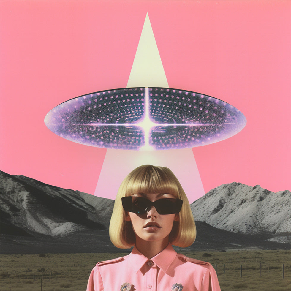 A Woman Standing Beneath a UFO Poster