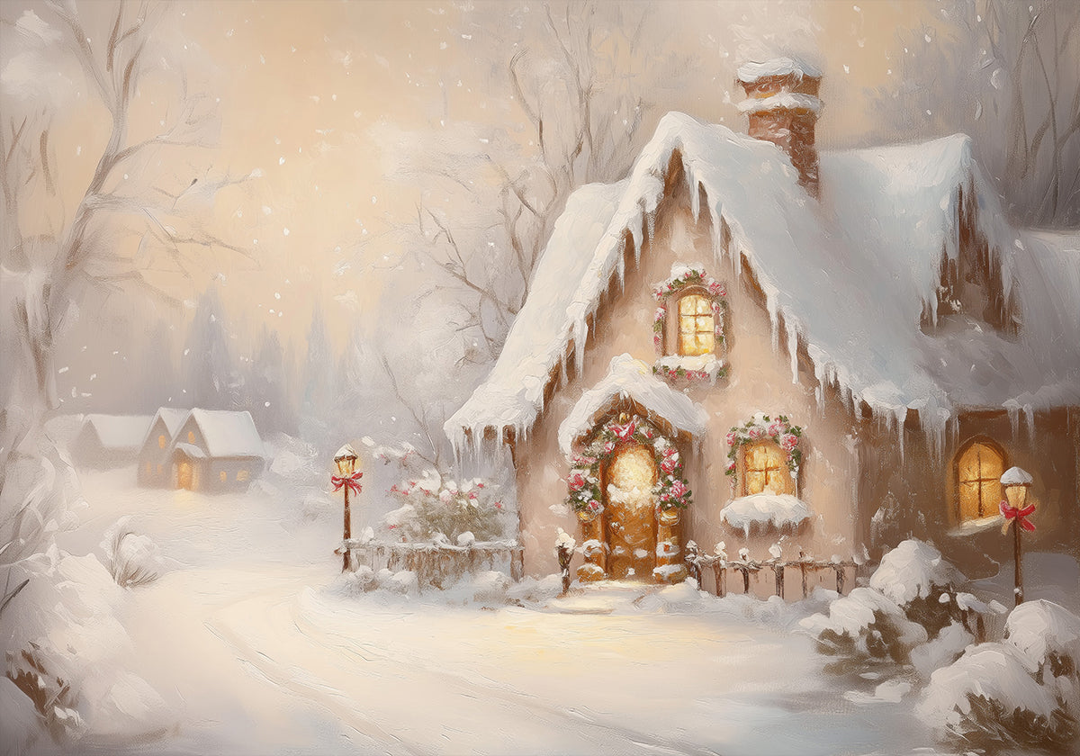 Snowy Cottage at Dusk Poster