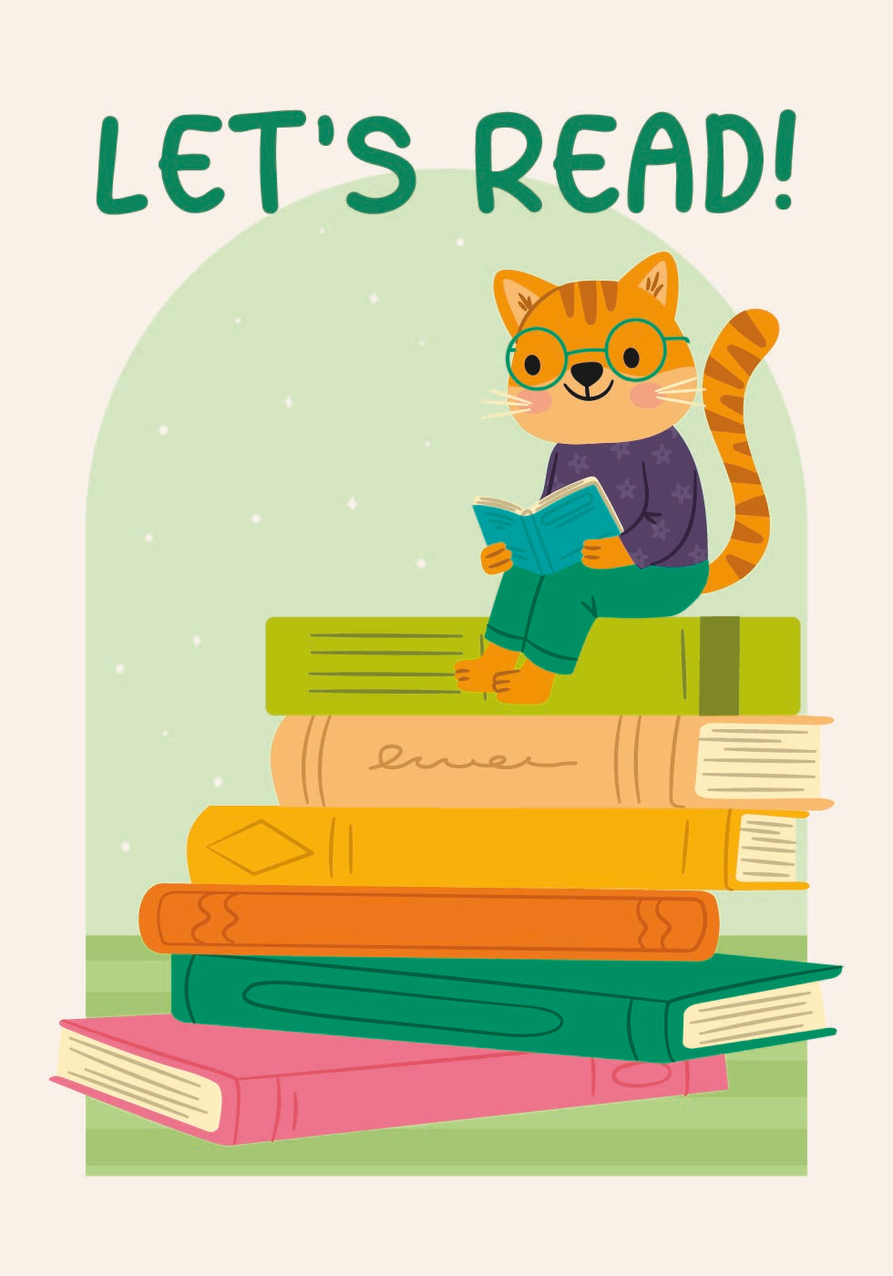 Cat Reading On Book Stack, Let’s Read Poster
