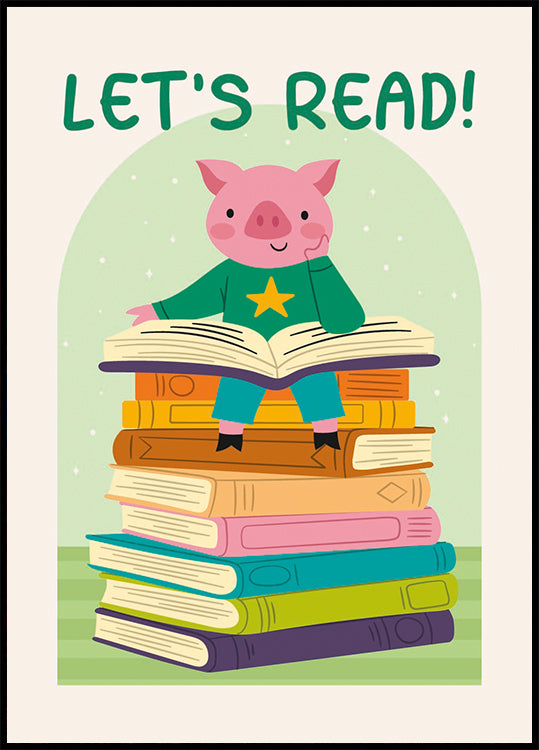 Pig Reading On Book stack, Let’s Read Poster