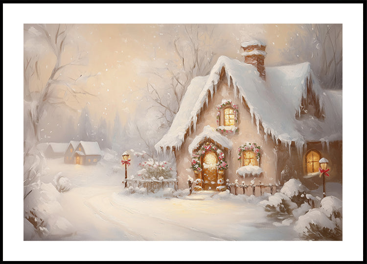Snowy Cottage at Dusk Poster