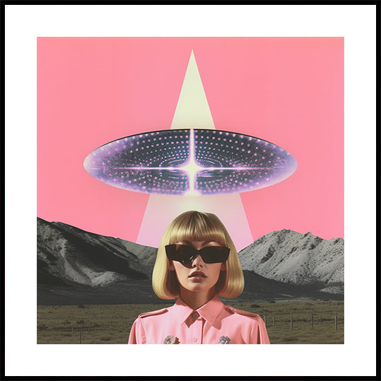 A Woman Standing Beneath a UFO Poster