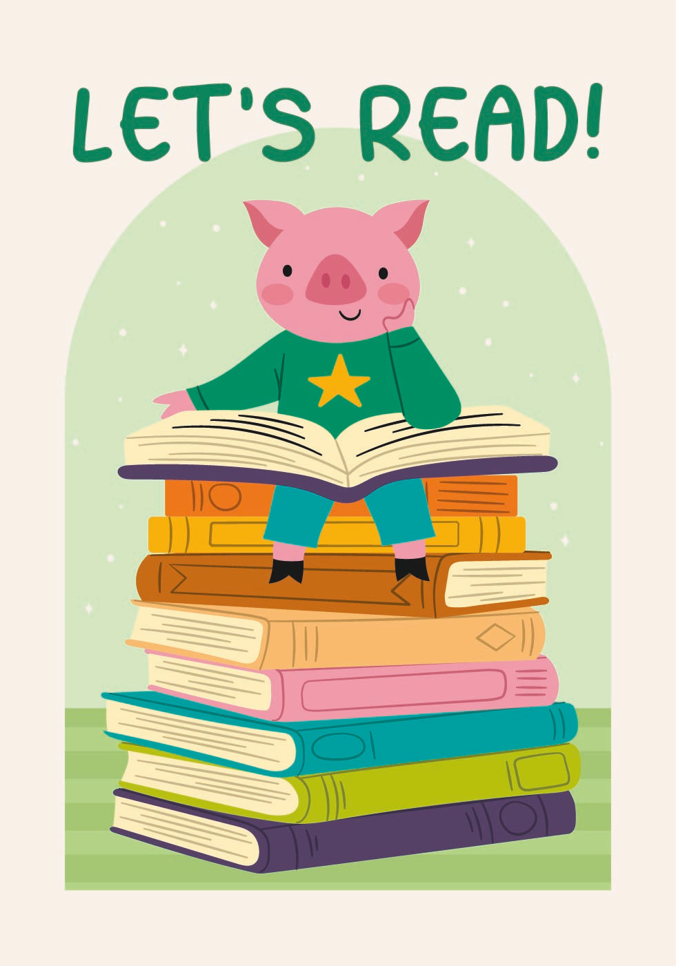 Pig Reading On Book stack, Let’s Read Poster