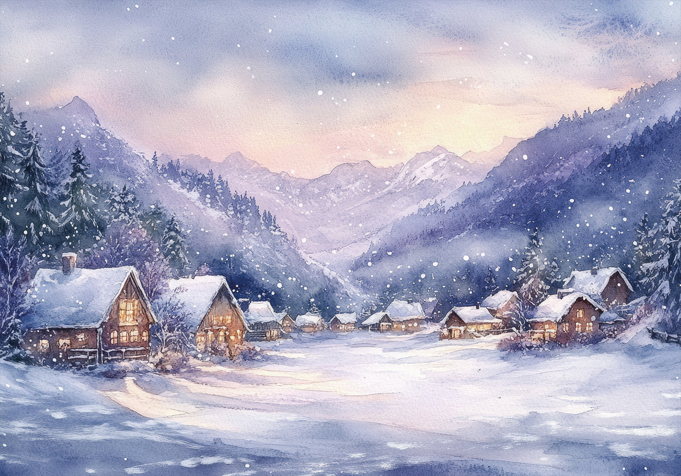 Watercolor Winter Mountain Village Poster