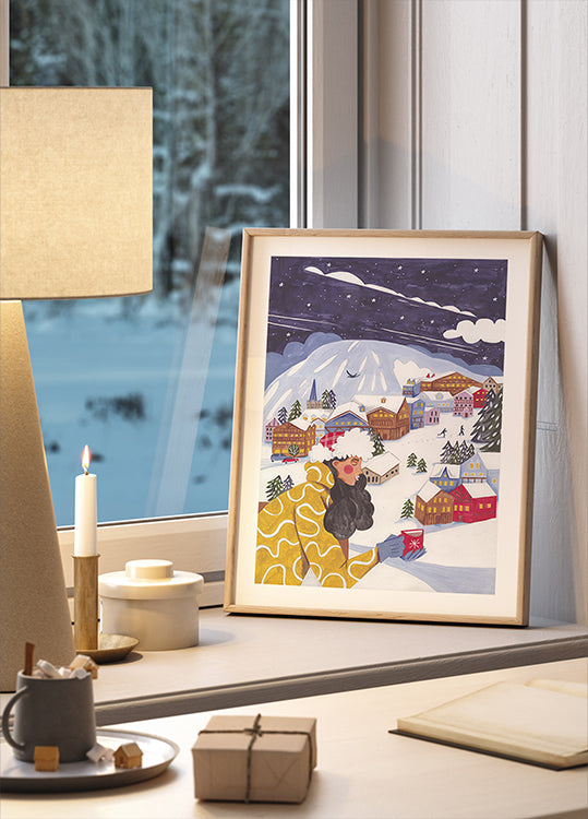 Winter Scene woman with coffee Poster