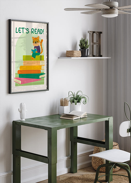 Cat Reading On Book Stack, Let’s Read Poster