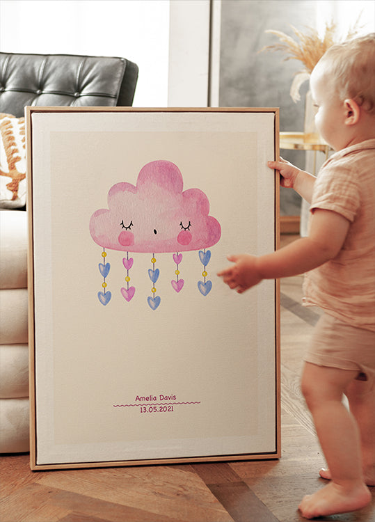 Pink Watercolor Cloud, Personalized Baby girl Poster