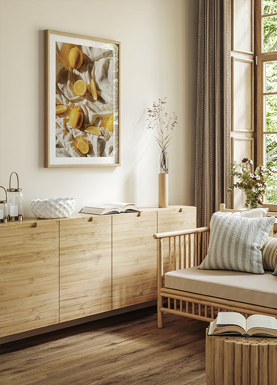 Vibrant Lemons on Textured Fabric Poster