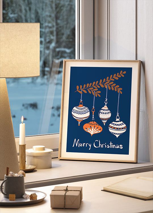 Cheerful little Christmas baubles blue Poster