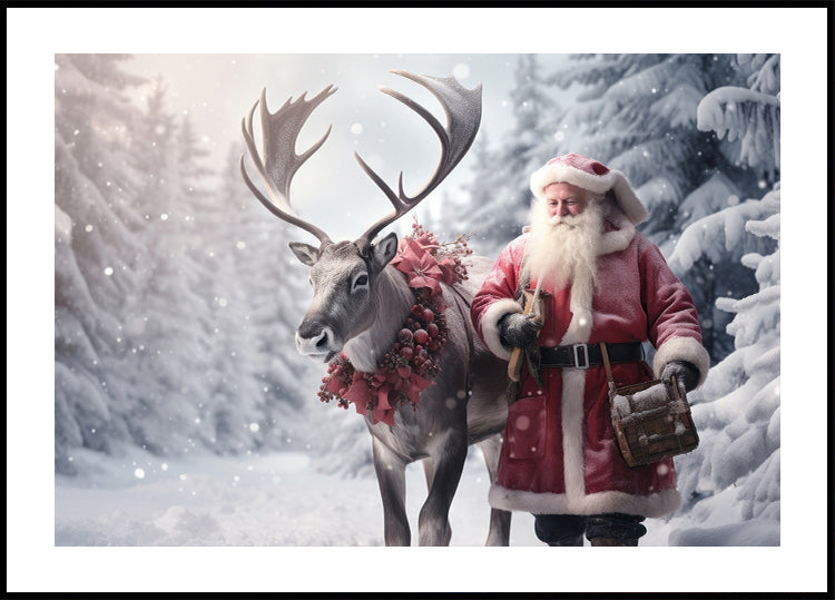 a man dressed as santa claus walking with a reindeer