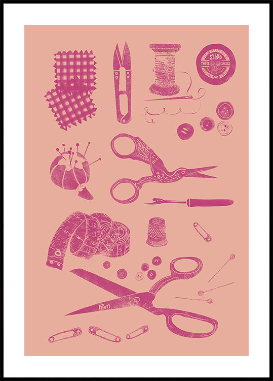 The image is a collection of various sewing and crafting tools and materials, including scissors, pins, needles, buttons, and measuring tape, all depicted in a pink color scheme.