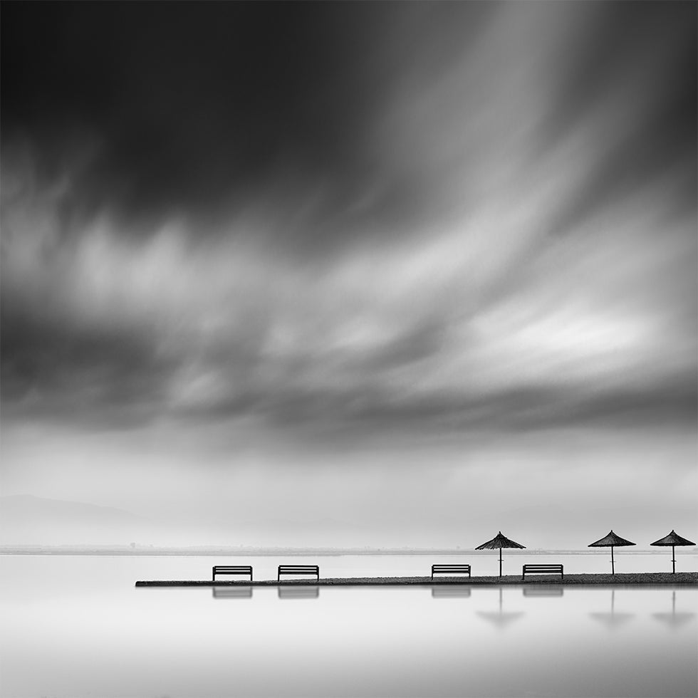 Four Benches and three umbrellas Poster