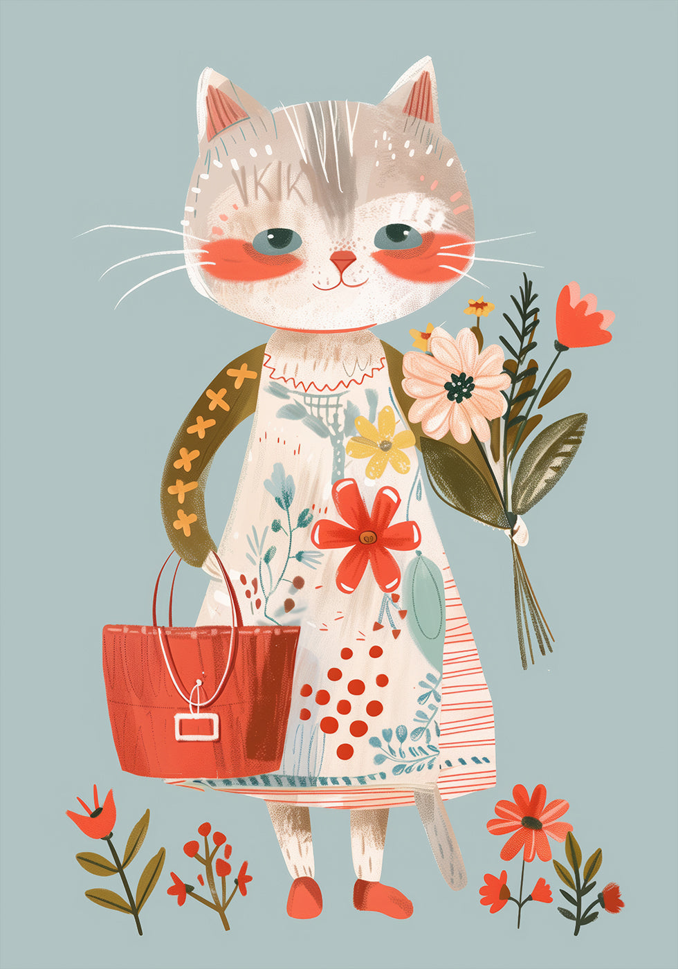 Cat in Floral Dress Holding Flowers Poster