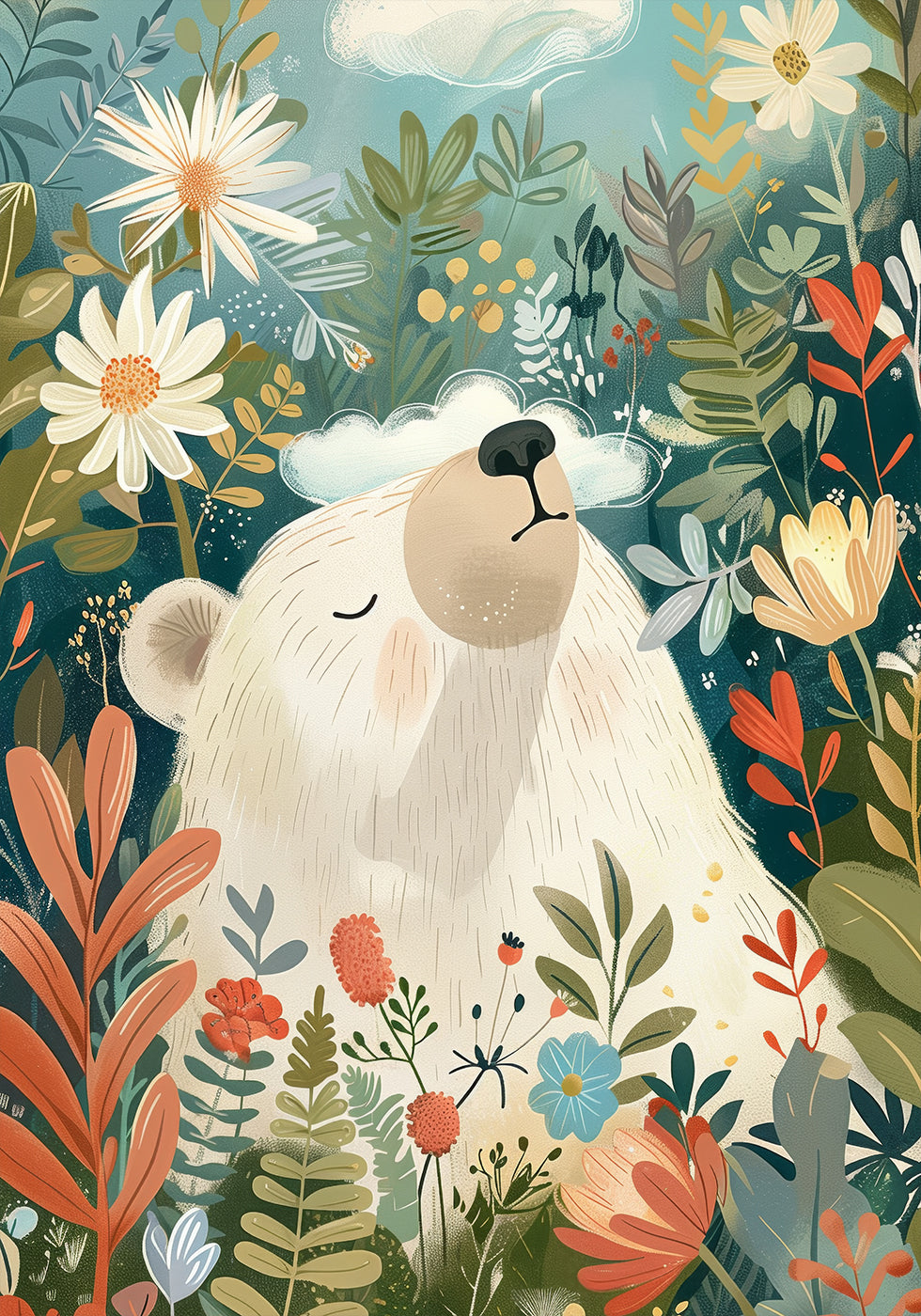 Dreamy Polar Bear In Floral Garden Poster