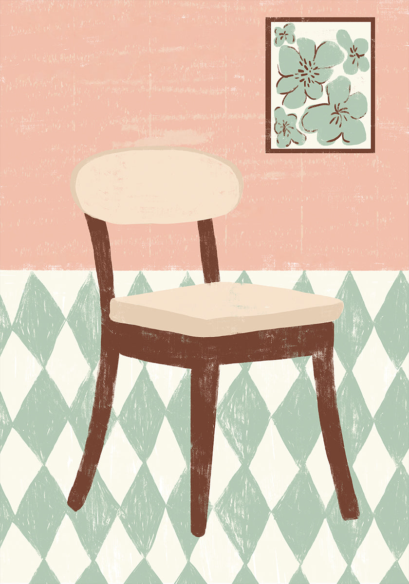 A simple illustration of a wooden chair with a white cushion, set against a pink and green checkered floor and a framed floral artwork on the wall.