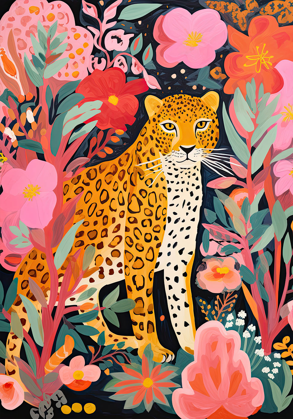 Colorful Leopard and Flowers Poster