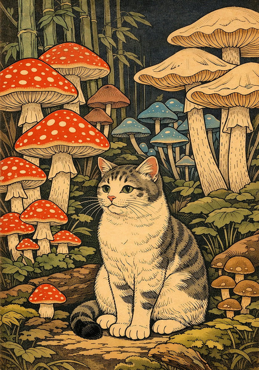 Mushroom Forest Cat Poster