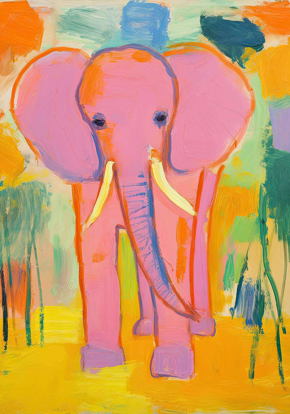 Pink Elephant In Colorful Jungle Poster