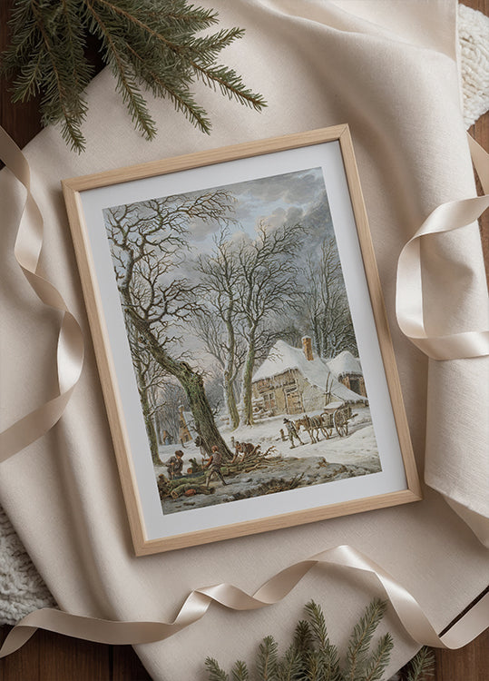 a painting of a winter scene with a horse drawn carriage