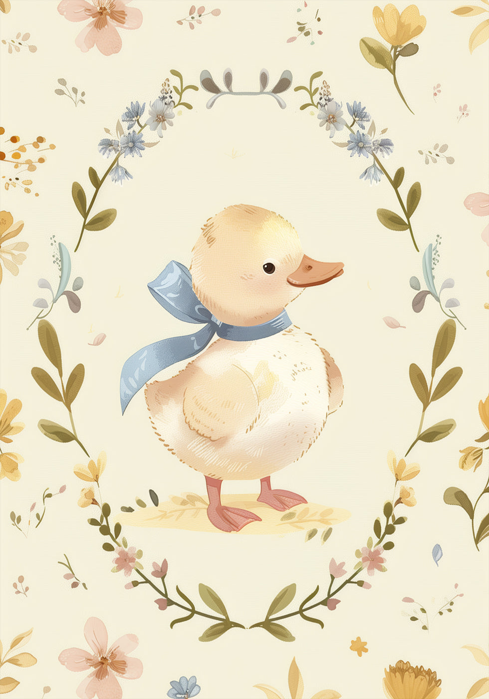 Duckling in Floral Wreath Poster