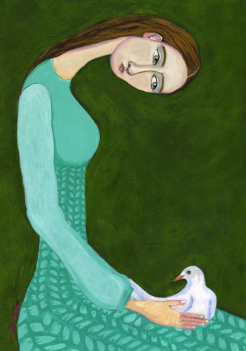 Lady sitting with white dove bird woman Poster