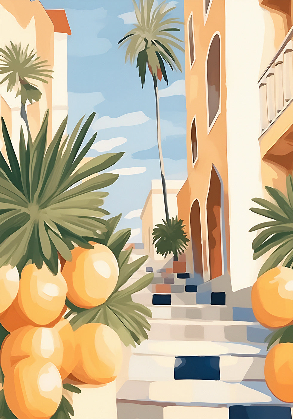 Sunny Citrus Street, Mediterranean Village Steps Poster