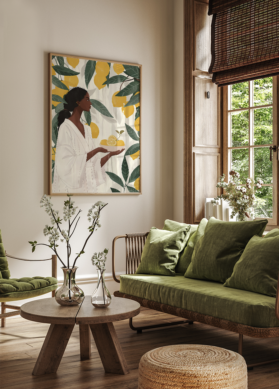 a living room filled with furniture and a painting on the wall