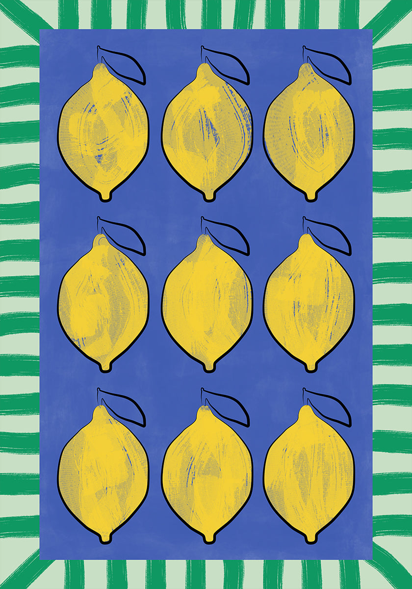Vibrant Yellow Lemons on a Deep Blue Poster