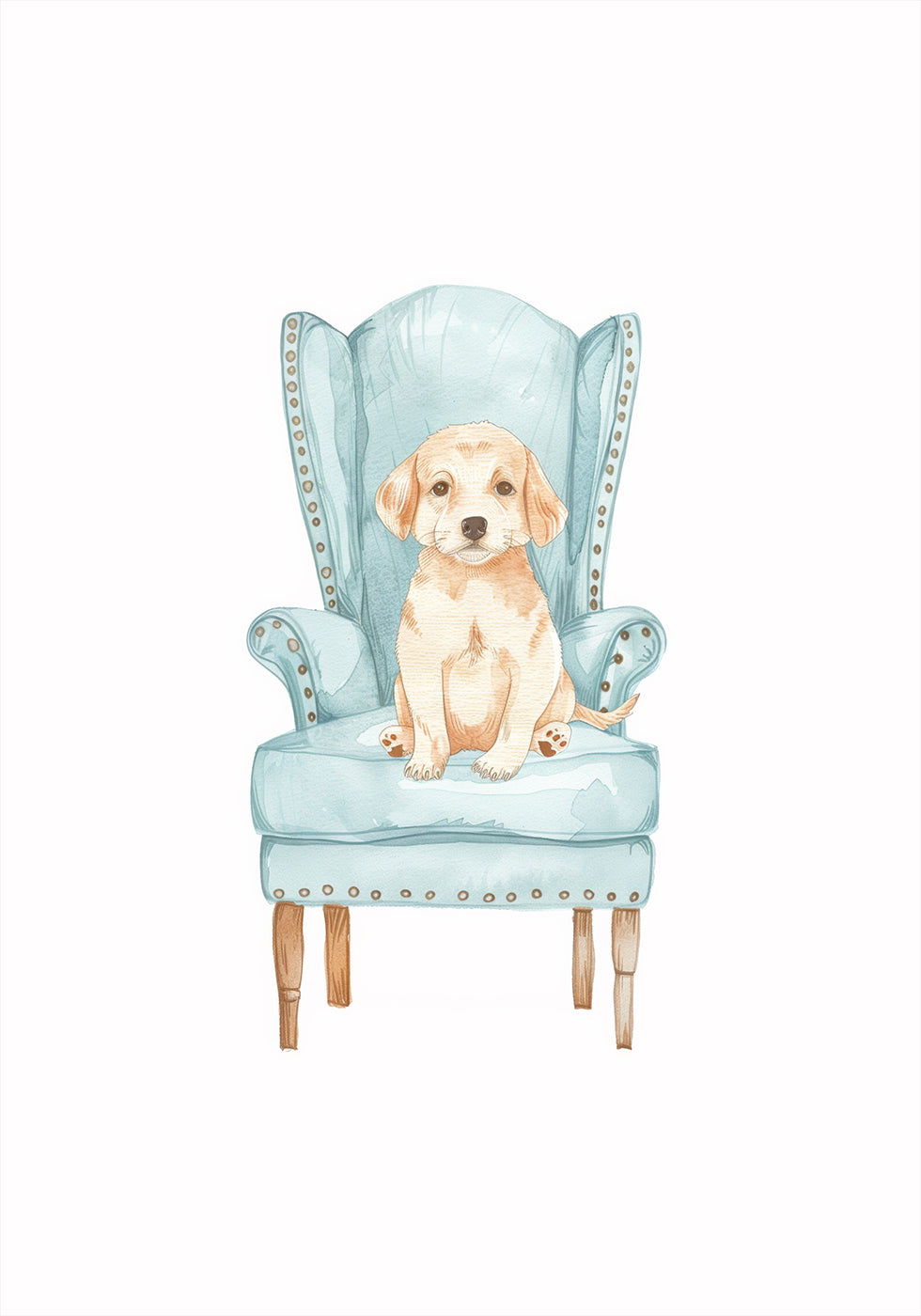 Puppy in Blue Armchair Poster