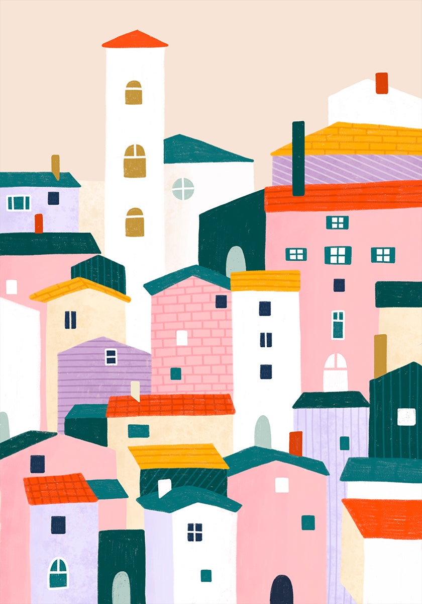 Colorful Village Scene Poster
