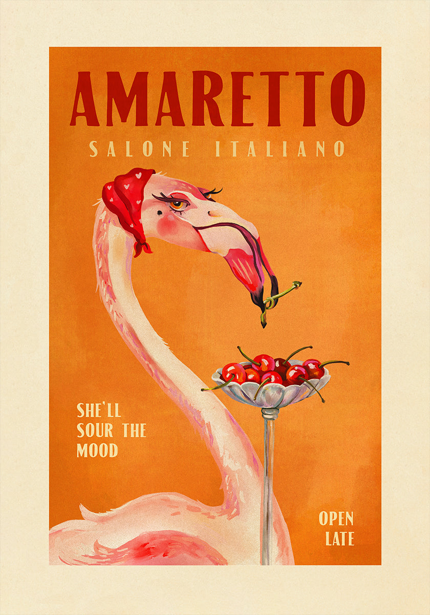 Amaretto Flamingo Art Deco Italian Cafe Travel Art Poster