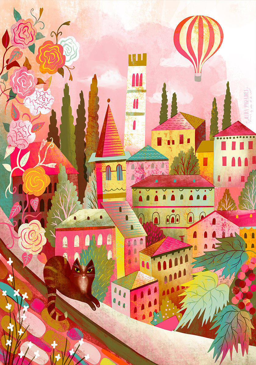 Italian Village With Cat On Wall Poster