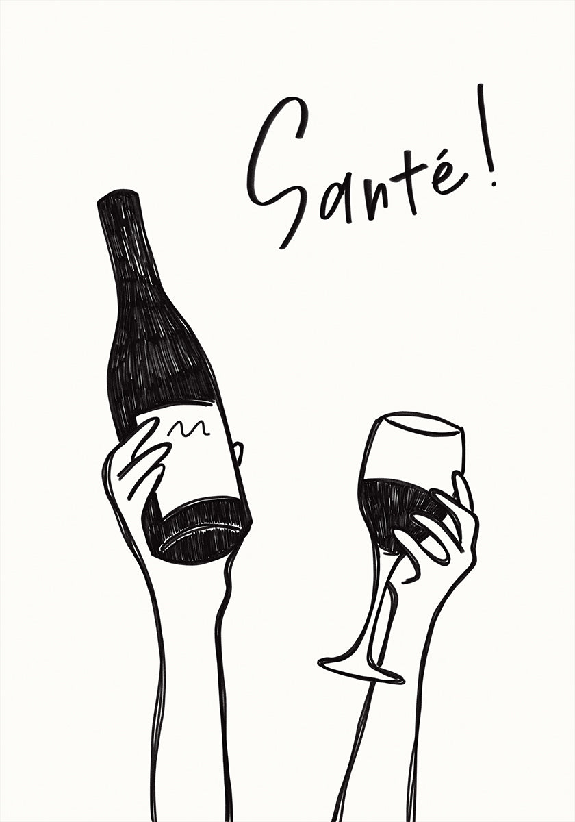 Hands holding a wine bottle and a wine glass with the text &quot;Cheers!&quot; in French Poster