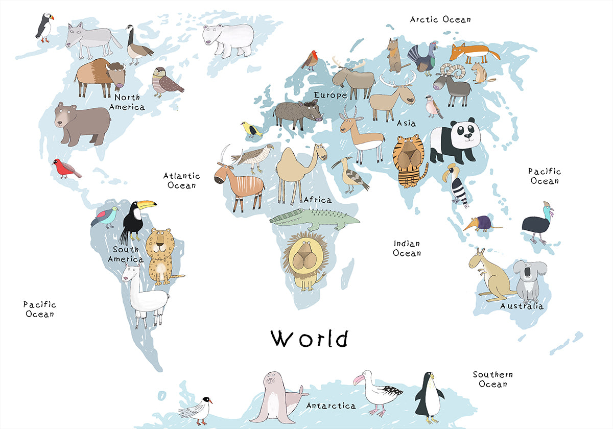 Illustrated Map of the World with Cute Animals  Poster