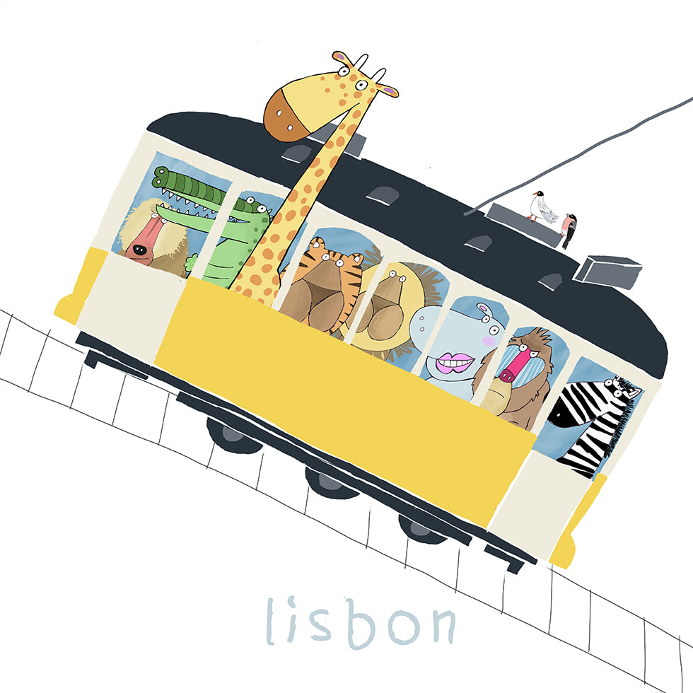 Famous Lisbon Yellow Tram with Jungle Animals by Carla Daly Poster