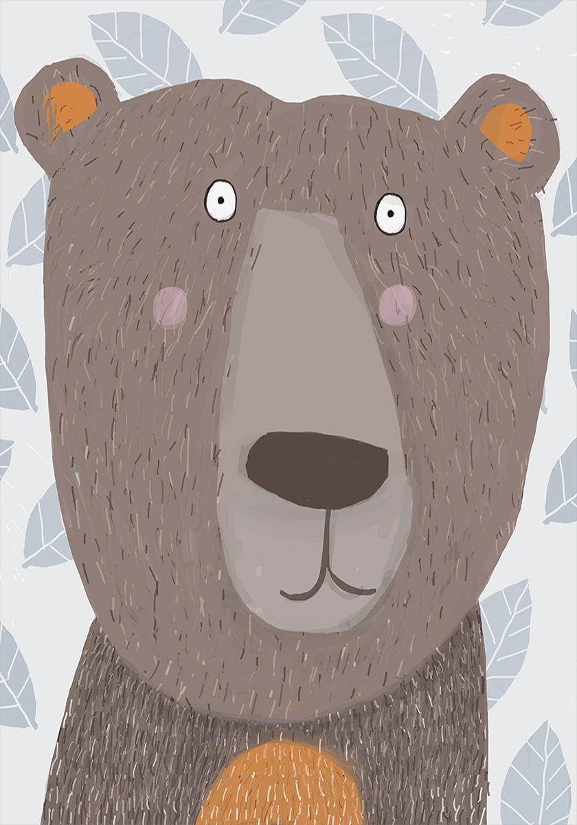 Cute Brown Bear with Grey Leaf Poster