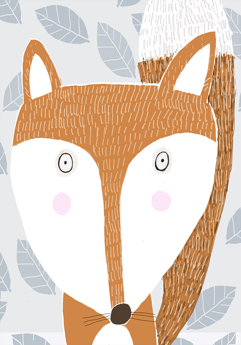 Cute Red Fox with Grey Leaf Poster