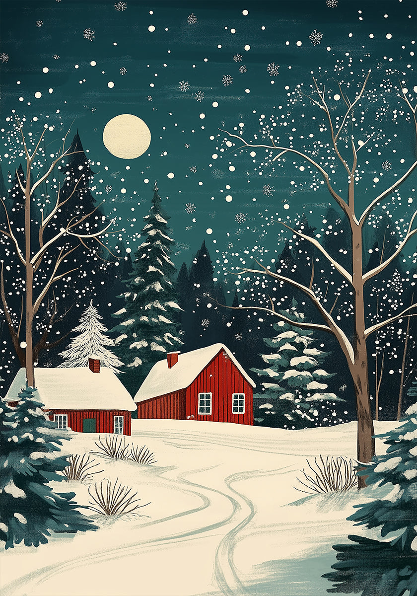 Red Houses and Snowy night sky Poster