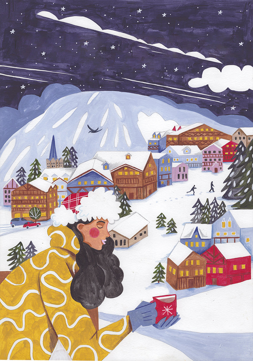 Winter Scene woman with coffee Poster