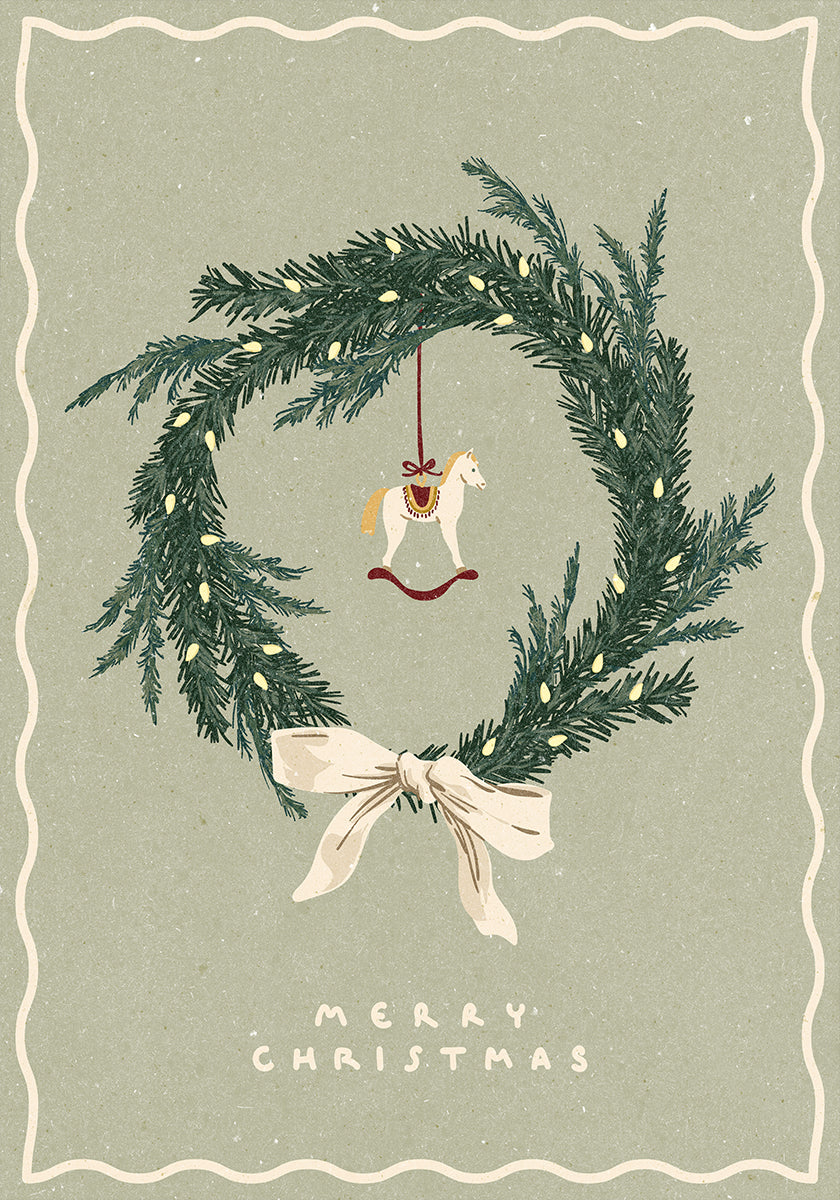 Horses toy on Christmas wreath with bow Poster
