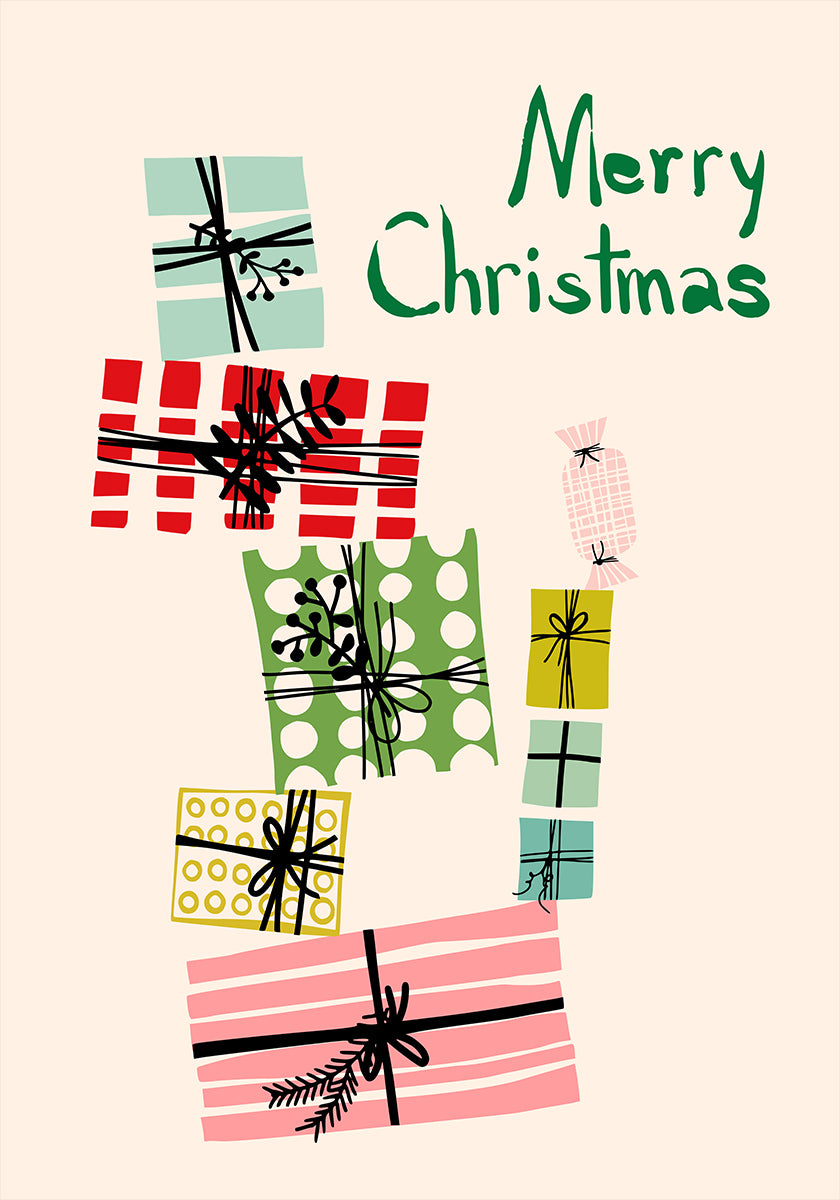 Wobbly pile of Christmas presents Poster