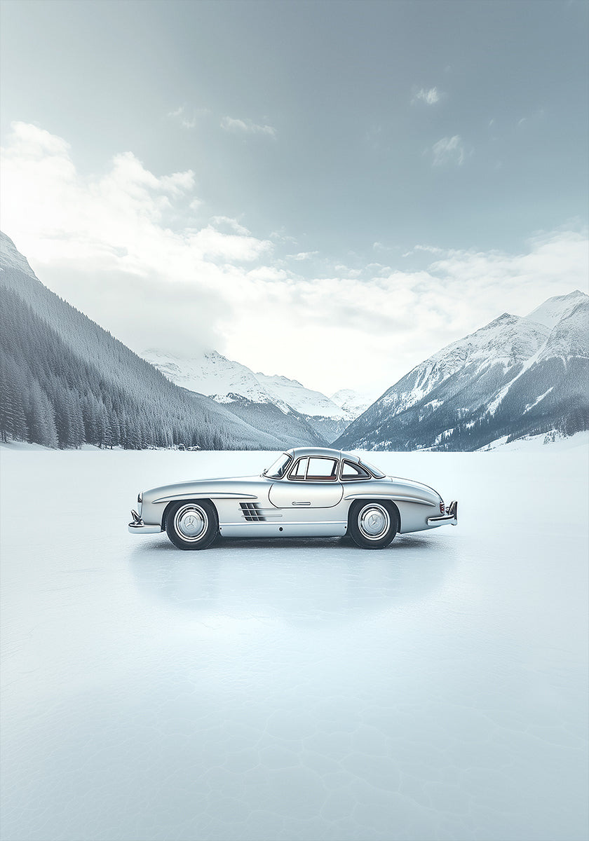 Retro Silver Car On Froozen Lake Side Poster