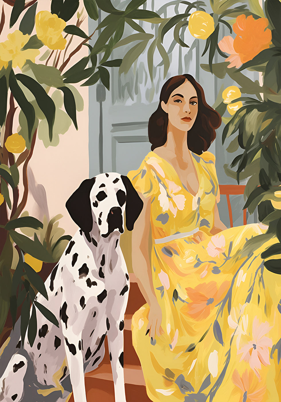 Lady in Yellow with Dalmatian, floral summer portrait Print Poster