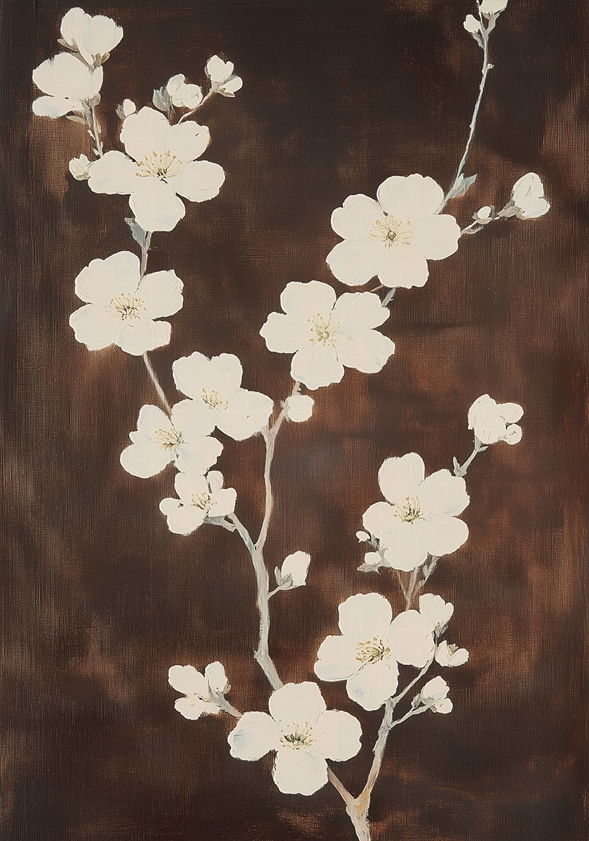 White Cherry Blossom Brown Background Poster