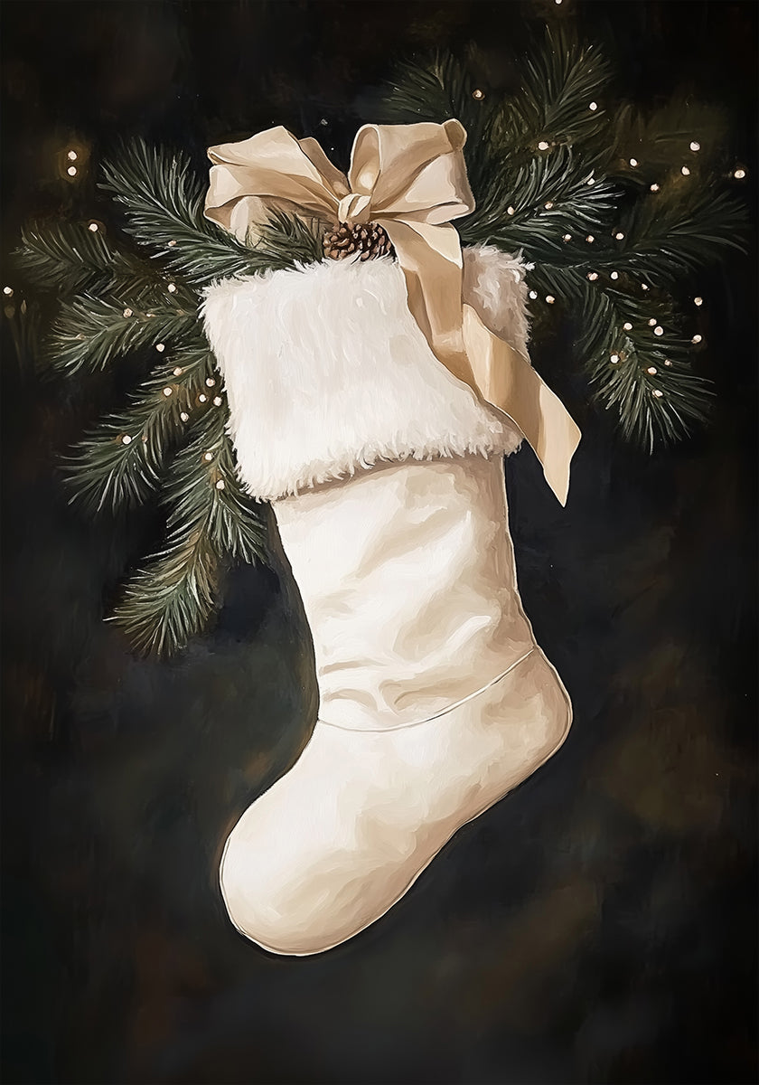 Christmas Stocking with Pine and Ribbon Poster