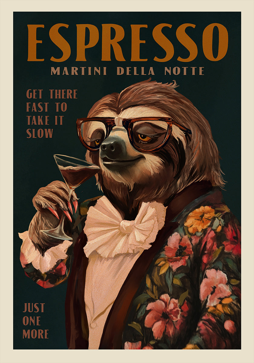 Art Deco Espresso Martini Drinking Sloth Poster