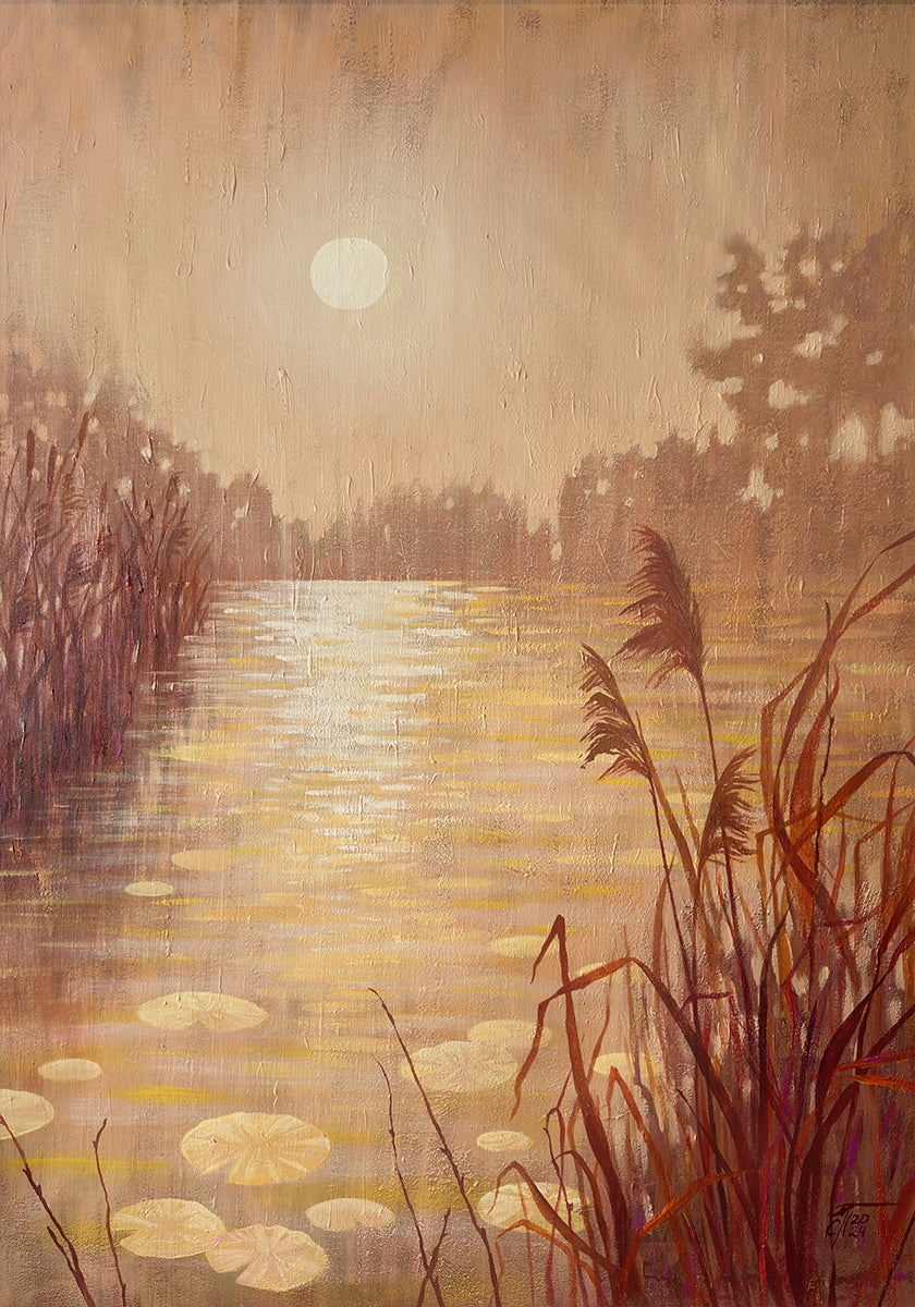 Pond With Reeds At Sunset Poster