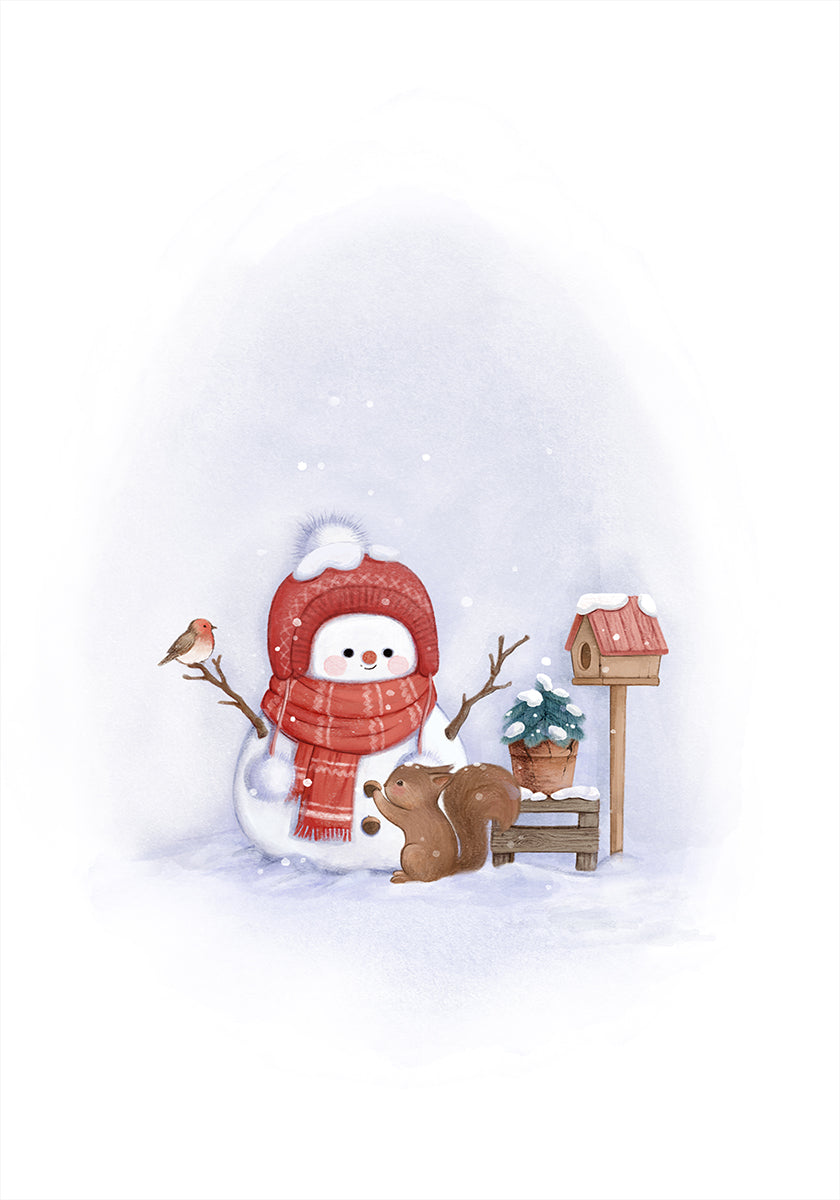 Snowman & Squirrel Winter Scene Poster