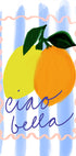 a vibrant illustration of two lemons and an orange, with the phrase "ciao bella" written in cursive below them.